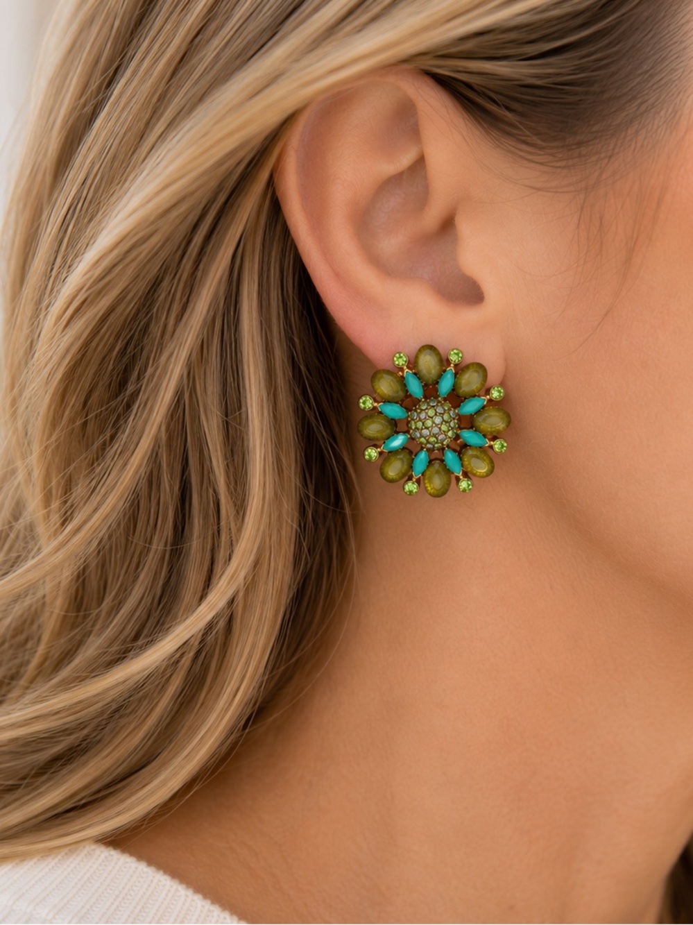 Clip On Floral Rhinestone Earrings Carolee Green Teal Cluster